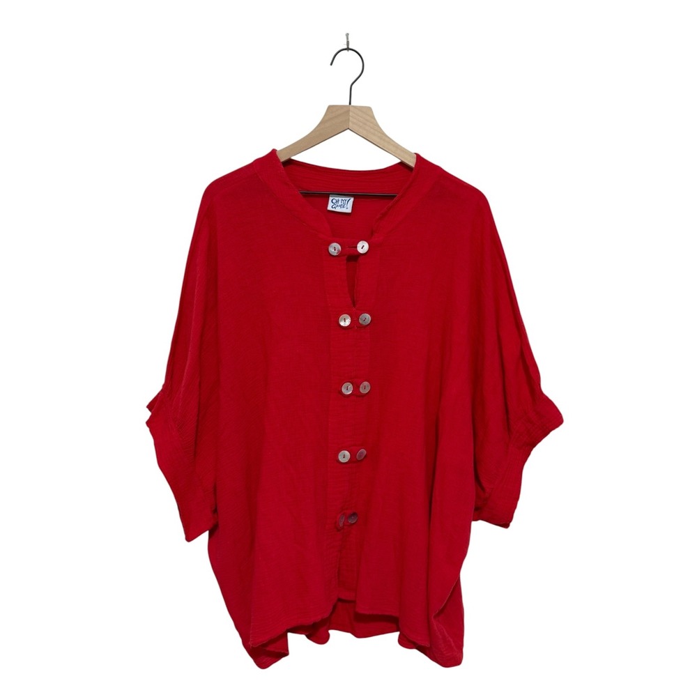 Oh My Gauze Red Cotton Gauze Button Front Oversized Blouse Sz XL - Picture 2 of 10